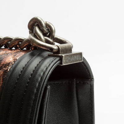 CHANEL Medium Boy Bag in Quilted Crumpled Metallic Leather - Black & Bronze