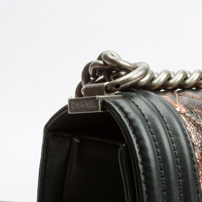 CHANEL Medium Boy Bag in Quilted Crumpled Metallic Leather - Black & Bronze