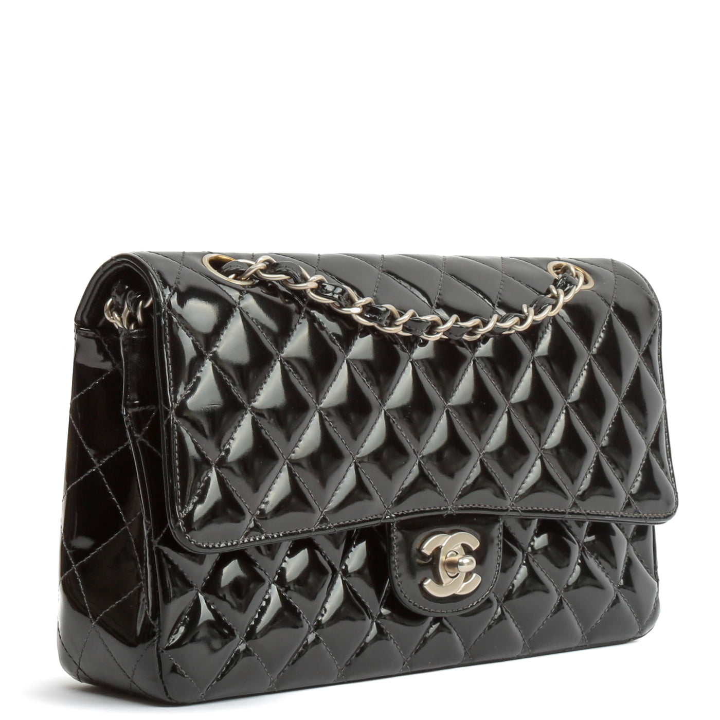CHANEL Quilted Patent Medium Double Flap - Black
