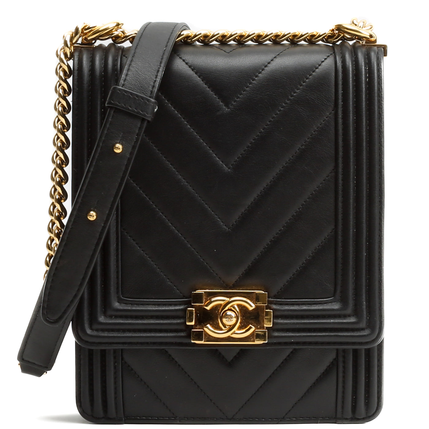 CHANEL North/South Quilted Chevron Boy Bag - Black