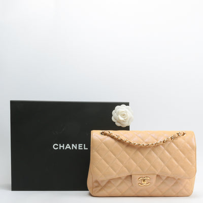 CHANEL Jumbo Quilted Double Flap Caviar Beige Iridescent