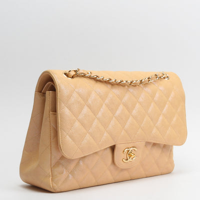 CHANEL Jumbo Quilted Double Flap Caviar Beige Iridescent