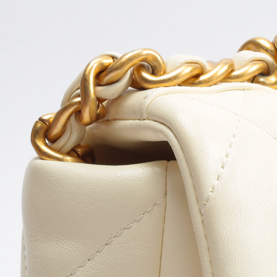 Chanel White Quilted Calfskin Small 19 Flap Gold And Silver