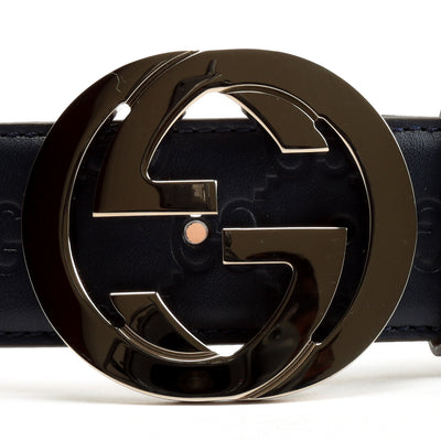 GUCCI Signature Leather Belt - Navy