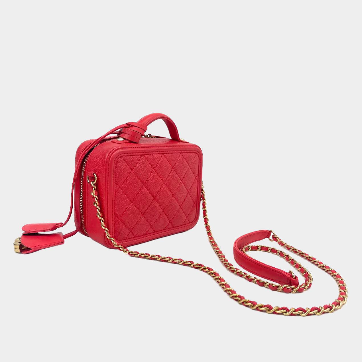 RARE! 🌸19C CHANEL Caviar Vanity Filigree CC 🌸 Small Pink Stripe Case SHW  Bag