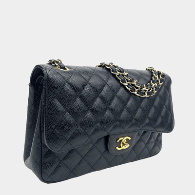 CHANEL Jumbo Double Flap Quilted Caviar Black with Gold - ALB