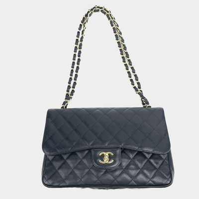 CHANEL Jumbo Double Flap Quilted Caviar Black with Gold - ALB