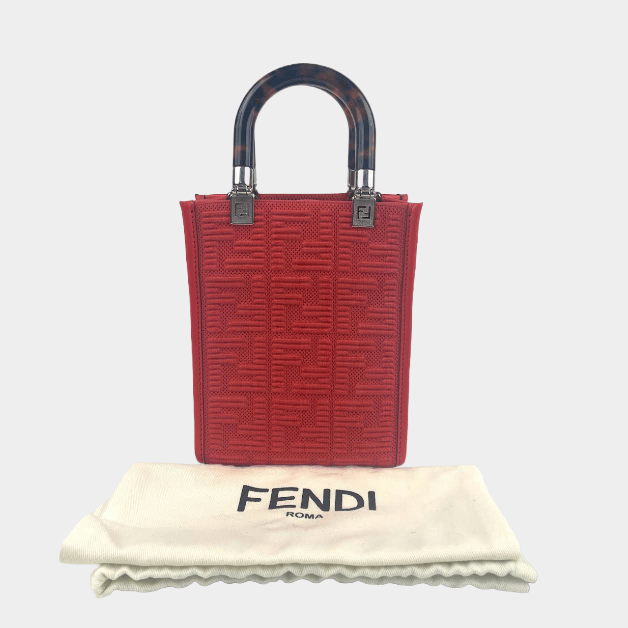 Authenticated Used FENDI Fendi Sunshine Small Red FF Fabric Shopper 22SS  8BS051 Tote Bag Shoulder Mini Tortoise Ladies New 