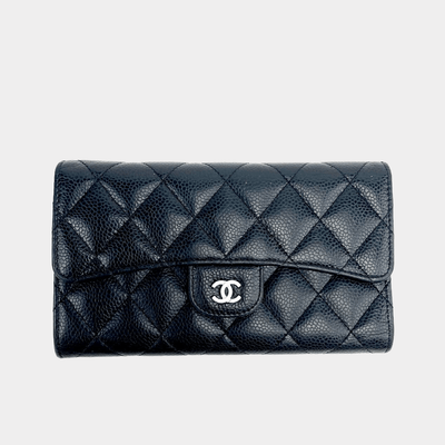CHANEL Quilted L- Gusset Trifold Wallet-Black Caviar - ALB